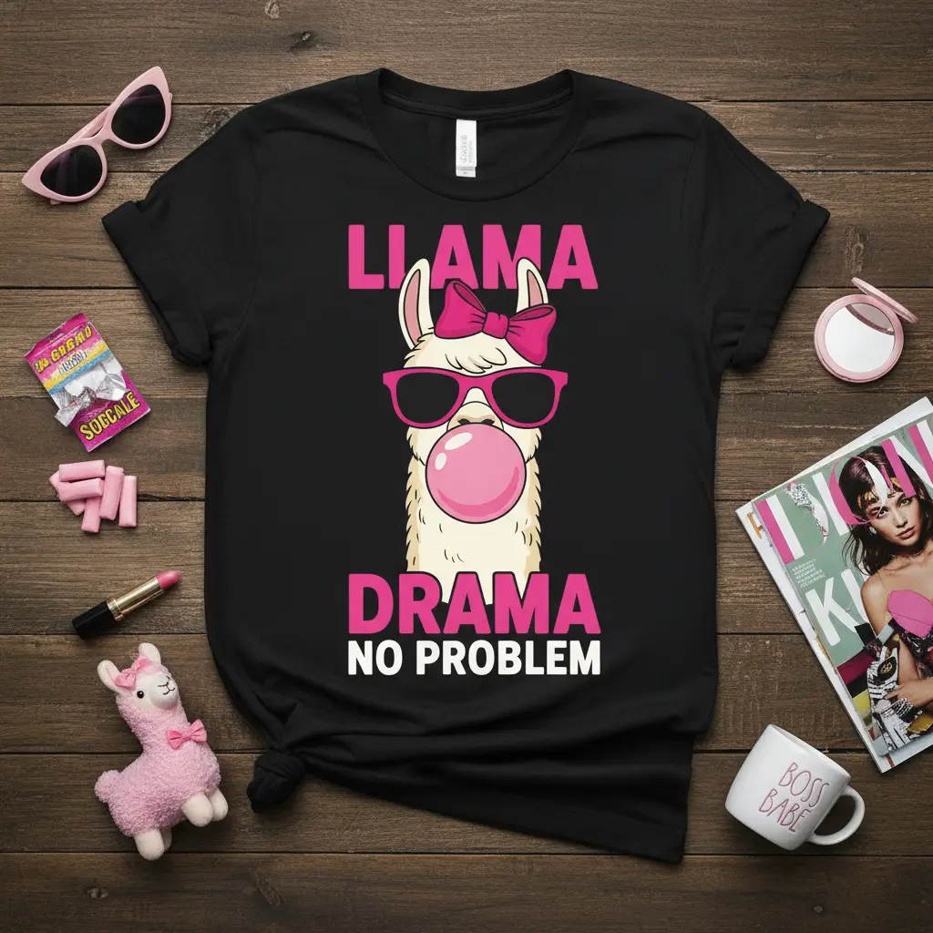 LLAMA DRAMA NO PROBLEM quote with a sassy llama graphic on a black t-shirt design
