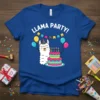 Llama Party T-Shirt with a cartoon llama wearing a party hat, holding balloons and a birthday cake
