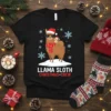 Llama and sloth wearing Santa hats and scarves on a snowy background with snowflakes, text reads LLAMA SLOTH CHRISTMAS CREW