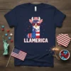 LLAMERICA text on a navy t-shirt with a cartoon llama wearing a cowboy hat and sunglasses, adorned with American flag