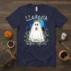 Llorona before cafecito t-shirt design featuring a ghost in a veil holding coffee, with gravestones and a castle in the