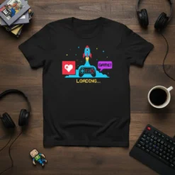 Black t-shirt with "Loading Game!" text, pixelated controller, heart icon, and rocket graphic