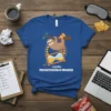 T-shirt design with the text "LOADING PROCRASTINATION IN PROGRESS" and a sloth hanging from a branch with pizza