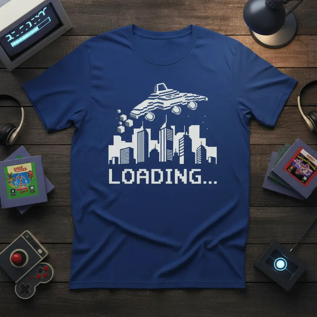 Loading… Retro Gaming T-Shirt 8 Bit Cityscape Design