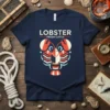 Lobster Fresh Catch text with graphic lobster illustration on a navy blue t-shirt