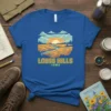 T-shirt design featuring the Loess Hills Iowa landscape with rolling hills, a river, and a sunset