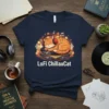 LoFi ChillaxCat t-shirt design featuring an orange tabby cat wearing headphones, sleeping on vinyl records with musical notes and audio