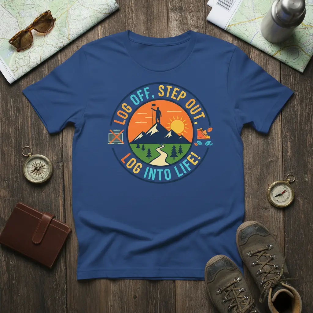 Log Off, Step Out, Log Into Life! Mountain Adventure T-Shirt