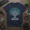 T-shirt design featuring a brain integrated with circuit board patterns, labeled LOGIC FLOW NEURAL NETWORK ARCHITECTURE