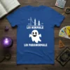 Blue t-shirt with "Loi Normale Loi Paranormale" text and a cute ghost graphic, representing science and paranormal themes