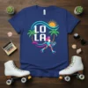 Lola name text in retro font with a roller skater, palm trees, and sun on a blue t-shirt design
