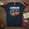 LONDON Girls Trip t-shirt design featuring iconic London landmarks like Big Ben and a red double-decker bus, with three cartoon