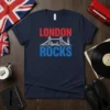 Navy blue t-shirt with "LONDON ROCKS" text above a graphic of Tower Bridge