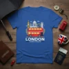 London United Kingdom design featuring a red double-decker bus with iconic city landmarks in the background, on a blue t-shirt