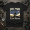Lone Wolf Galactic Gunslinger t-shirt design featuring a cowboy silhouette with guns under a starry sky