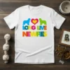 White t-shirt with colorful "Long Live Newfies" text and two silhouette dogs with a heart in between