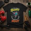 T-shirt design with text "Look Like A Beauty Kick Like A Beast" and illustration of a woman performing a kick