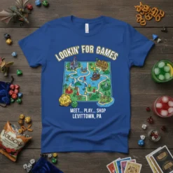 Blue t-shirt with "LOOKIN' FOR GAMES MEET PLAY SHOP LEVITTOWN PA" text and a colorful board game map graphic