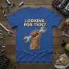 Blue t-shirt with "LOOKING FOR THIS?" text above a cartoon Bigfoot hand holding a 10mm wrench