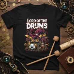 Lord of the Drums t-shirt design featuring a fierce octopus playing a drum set with drumsticks