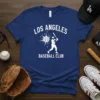 Los Angeles Baseball Club t-shirt design with a baseball player silhouette and vintage sunburst graphic