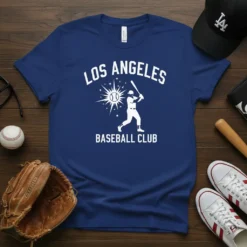 Los Angeles Baseball Club t-shirt design with a baseball player silhouette and vintage sunburst graphic