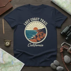 Lost Coast Trail California t-shirt design featuring hikers on a coastal cliff at sunset, with rope border detail