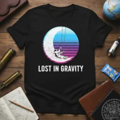 Lost in Gravity t-shirt design with an astronaut swinging on the moon against a retro sunset sky