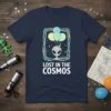 Lost In The Cosmos T-Shirt with a cartoon alien wearing a party hat and holding balloons
