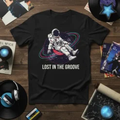 Astronaut floating in space with rings around them, text "LOST IN THE GROOVE" below