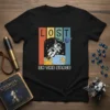 Retro "Lost In The Space" T-Shirt design with an astronaut floating near a planet, colorful vertical stripes background