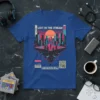 Lost In The Stream Are We Even Real cyberpunk city graphic tee with people on a floating platform at sunset