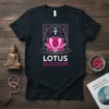Black t-shirt with white and pink "Lotus Blossom" text and a stylized lotus flower graphic with an ankh symbol