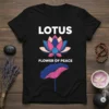 Black t-shirt with "Lotus Flower of Peace" text and a colorful lotus flower graphic, featuring white text and pink, blue