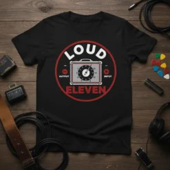 Black t-shirt with "Loud Eleven" text and a graphic of a vintage amplifier knob set to 11