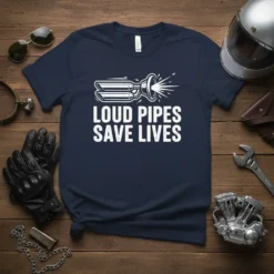Loud Pipes Save Lives text with motorcycle exhaust graphic on navy blue t-shirt