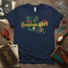 Louisiana girl text with a tropical map of Louisiana and pink heart on a navy t-shirt