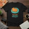 Lounge. Snack. Repeat. text design with an orange tabby cat sleeping with pizza on a pillow