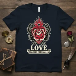 LOVE BLOOMS ETERNALLY quote with a vintage rose heart and flames design on a navy t-shirt