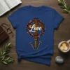 Christian t-shirt design featuring the word "Love" in script font on a wooden cross surrounded by a crown of thorns