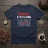 Love Cycling t-shirt with red heart and bike graphic, featuring map background and white text "CYCLING"