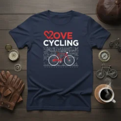 Love Cycling t-shirt with red heart and bike graphic, featuring map background and white text "CYCLING"