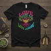 Love Deep Live Strong t-shirt featuring a colorful tree of life graphic with roots and flowers, boho style