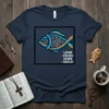 Christian fish symbol t-shirt with text LOVE FAITH HOPE GRACE, featuring doves and crosses, in blue, orange, and white