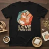 Love Forever t-shirt design featuring two cute hamsters hugging, with vintage color stripes in the background