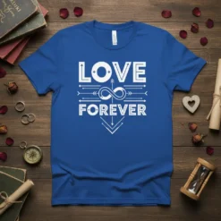 White "LOVE FOREVER" text with an infinity symbol design on a royal blue t-shirt