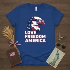 Love Freedom America text with an eagle wearing sunglasses on a blue t-shirt, patriotic design