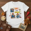 White t-shirt with "LOVE from PADDINGTON" text and illustrations of Paddington Bear in blue coat and red hat