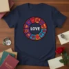 Circular design with the word LOVE in the center, surrounded by colorful hearts, flowers, and birds