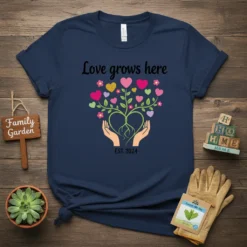 Love grows here EST. 2024 T-Shirt with heart tree design and hands, navy blue shirt